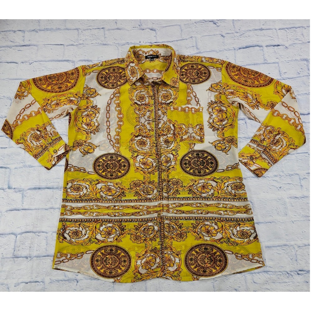 Penelope Project Button Down Shirt WOMEN L Yellow Baroque Chain Luxury Print Top